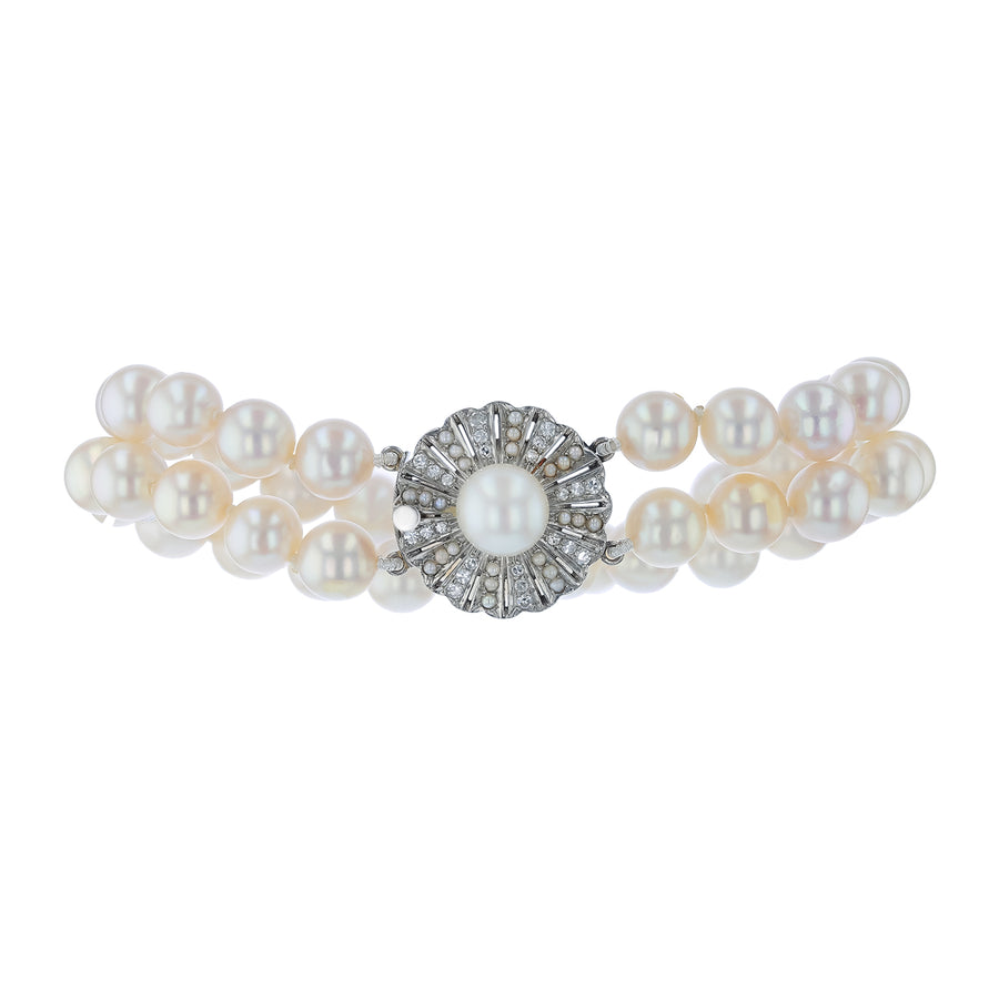 8x9mm Cultured Pearl and Diamond 2 Row Bracelet in 14K White Gold 7"