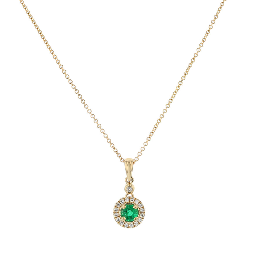 0.48ct 5mm Round Zambian Emerald and 0.17ct Full Cut Diamonds Halo Pendant Necklace on 18" Chain in 14k Yellow Gold