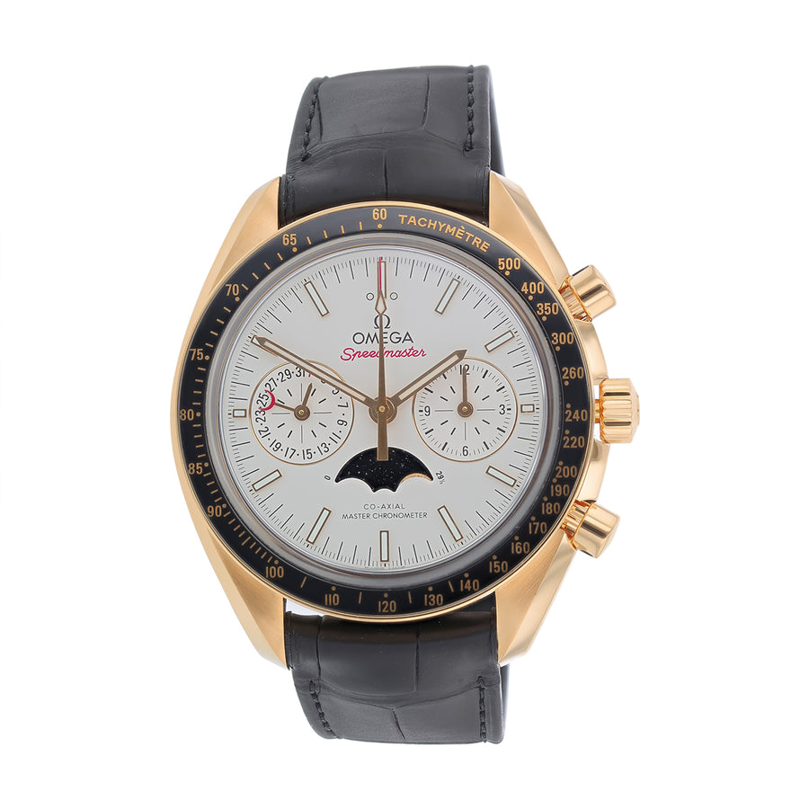44.25mm Omega Speedmaster Moonphase Watch with White Dial in 18k Yellow Gold, Strap