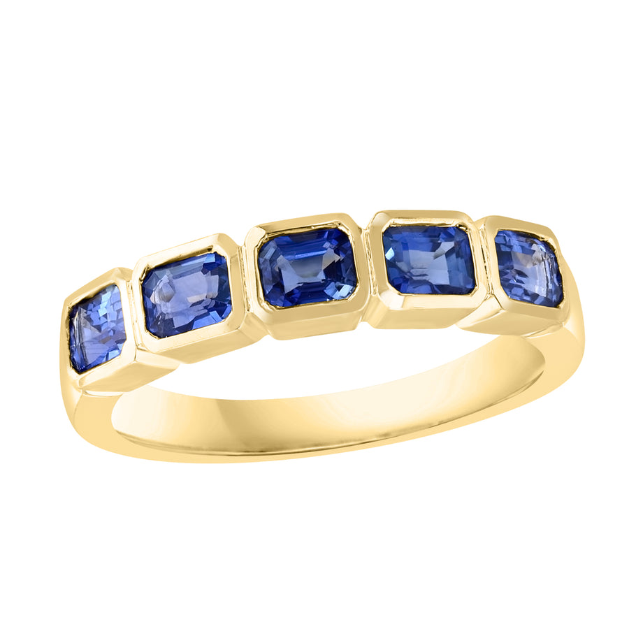 1.27ct Emerald Cut Blue Sapphire Bezel 5 Stone Band in 18K Yellow Gold, size 7