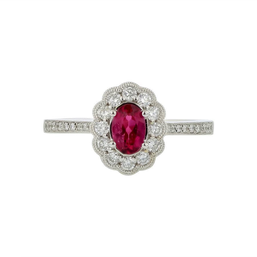 0.47ct Oval Ruby and 0.35ct Diamond Halo Ring in 14K White Gold