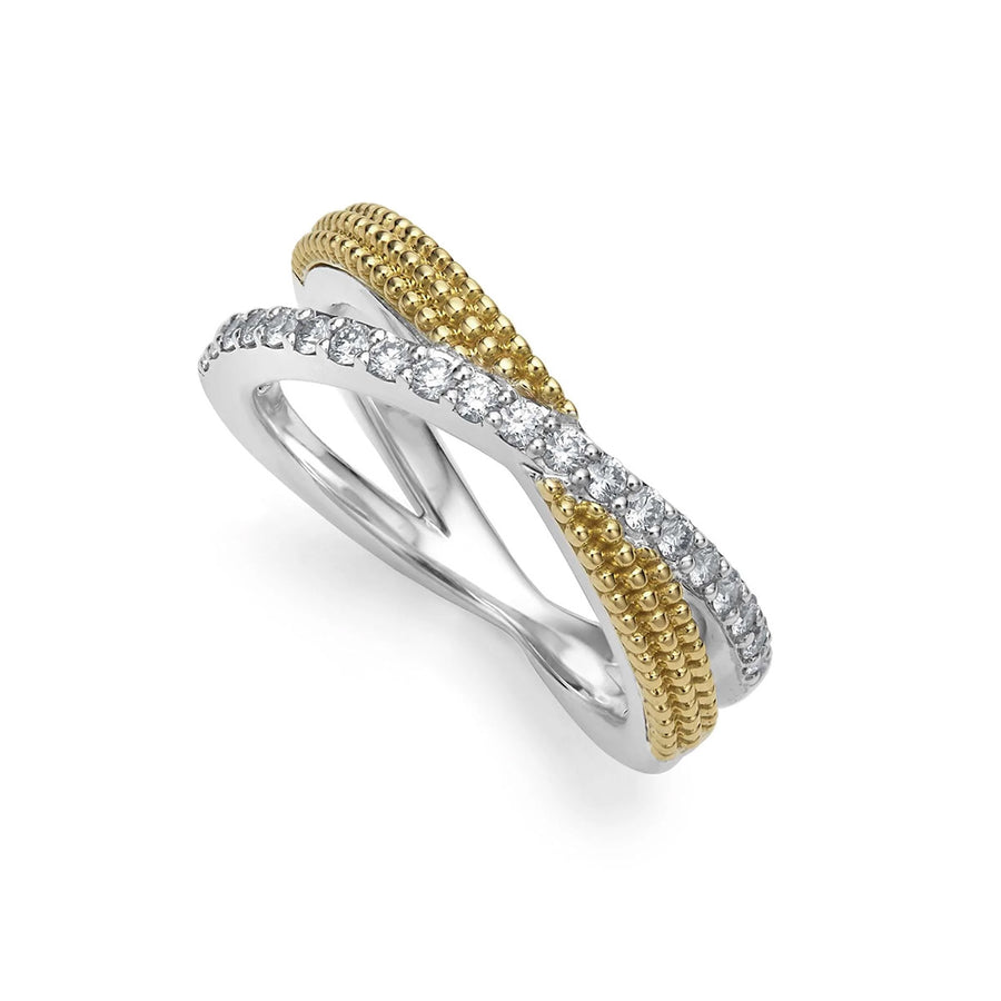Caviar Lux 0.34ct Diamond Thin X Ring in 18K Yellow Gold and Sterling Silver, size 7