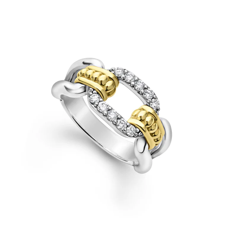 Caviar Diamond 9mm Oval Link Ring in Sterling Silver and 18K Yellow Gold Size 7