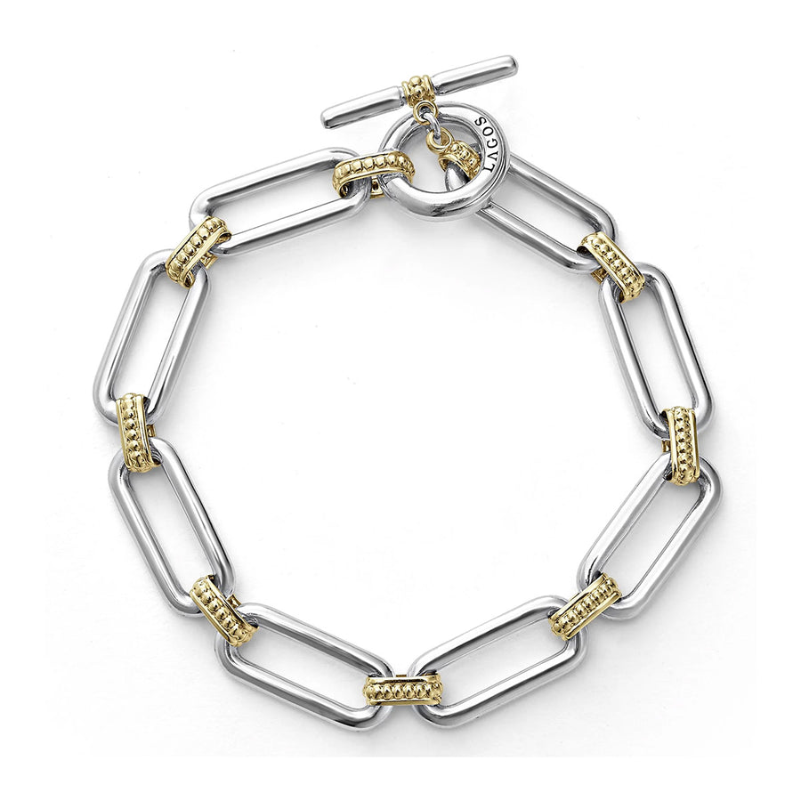 Signature Caviar Link Bracelet in Sterling Silver and 18K Yellow Gold with Toggle Clasp Size 7