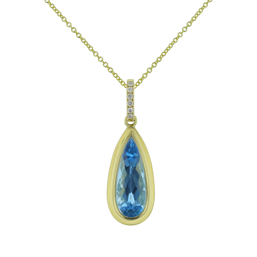 3.05ct Pear Shape Swiss Blue Topaz and 0.06ct Diamond Pendant in 14K Yellow Gold, 18" chain