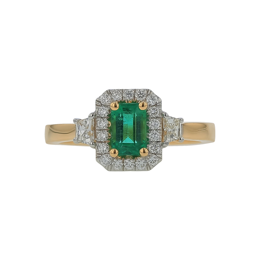 0.64ct Emerald Cut Zambian Emerald and 0.19ct Diamond Halo Ring in 18K Yellow Gold, Size 6