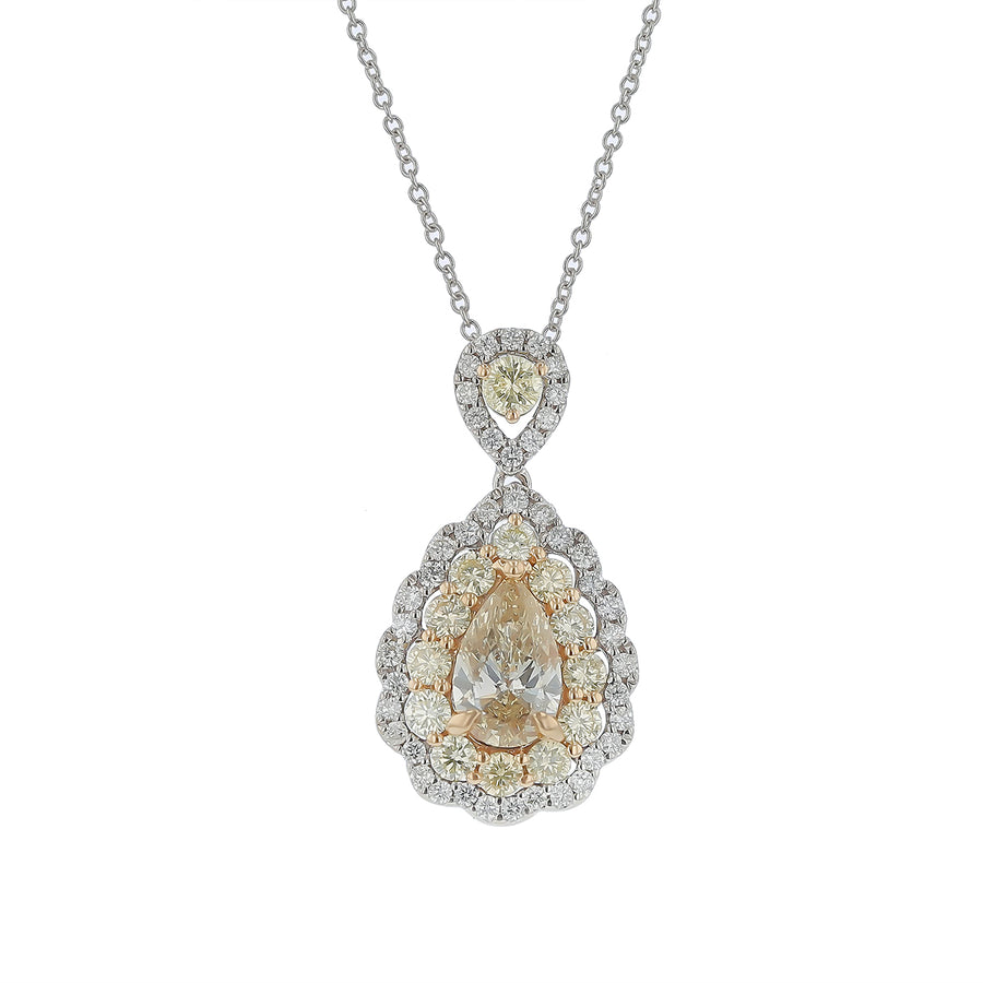 0.93ct Pear Diamond and 0.58ct Round Diamond and 0.39ct Round Diamond Pendant on Chain in 14k White Gold, 18" chain