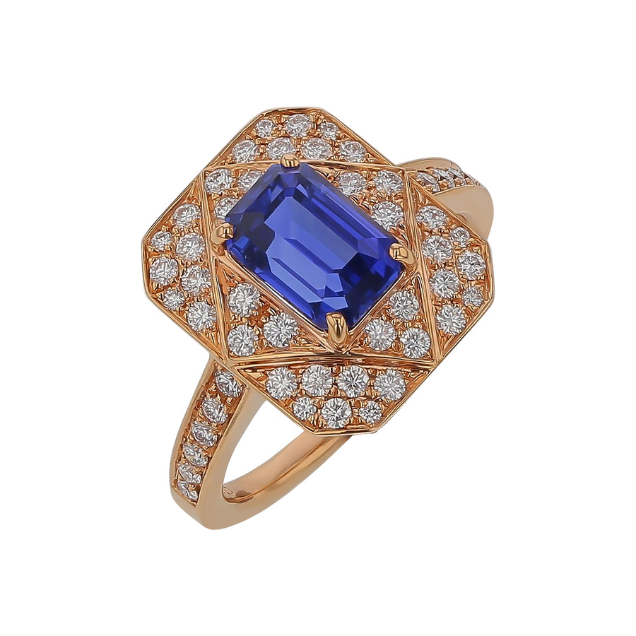 2.21ct Emerald Cut Sapphire and 0.53ct Diamond Ring in 20K Rose Gold, Size 6.5