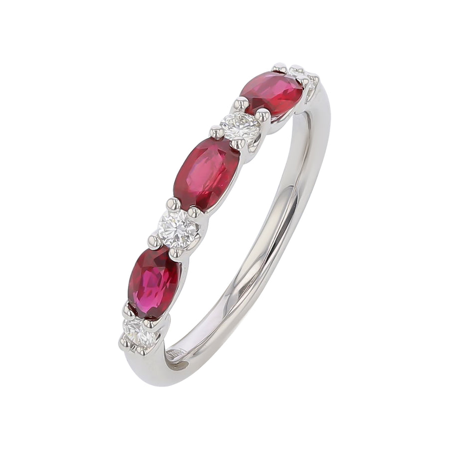 Precious Round Diamond and Oval Ruby Band in 18K White Gold, Size 6.5
