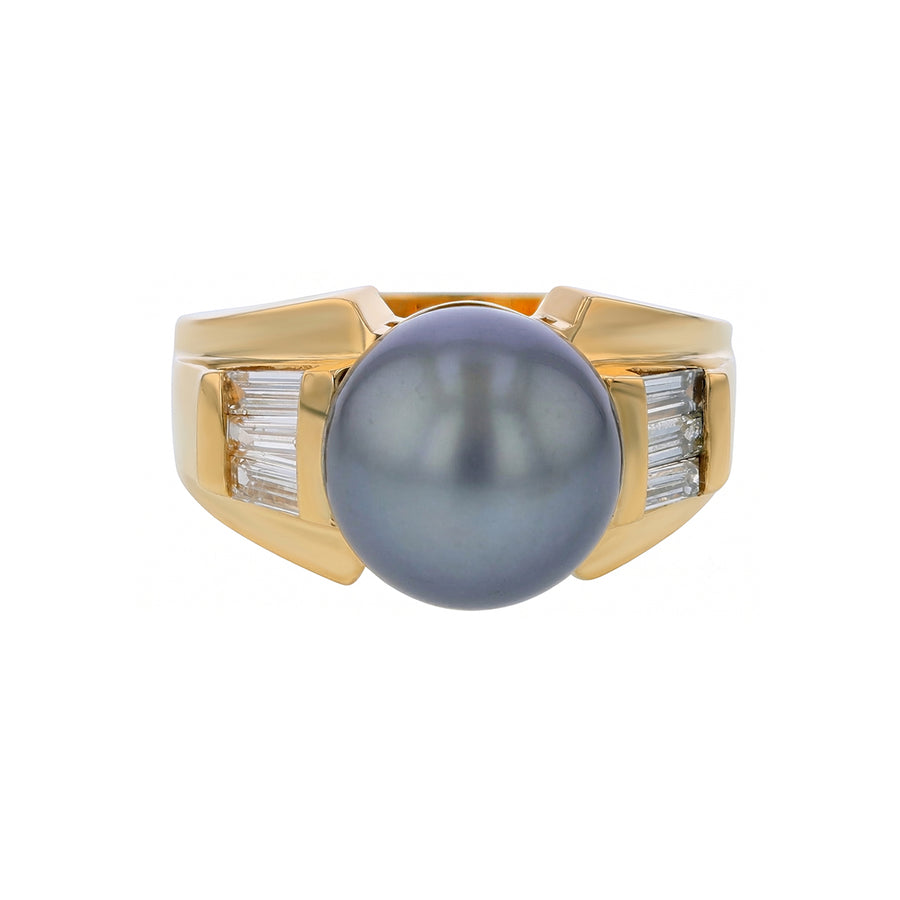 10.5-11mm Tahitian South Sea Pearl and 0.25ct Baguette Diamond Ring in 14K Yellow Gold size 6.75