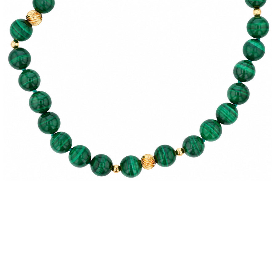 10-10.5mm Malachite and Gold Bead Necklace in 14K Yellow Gold 30"