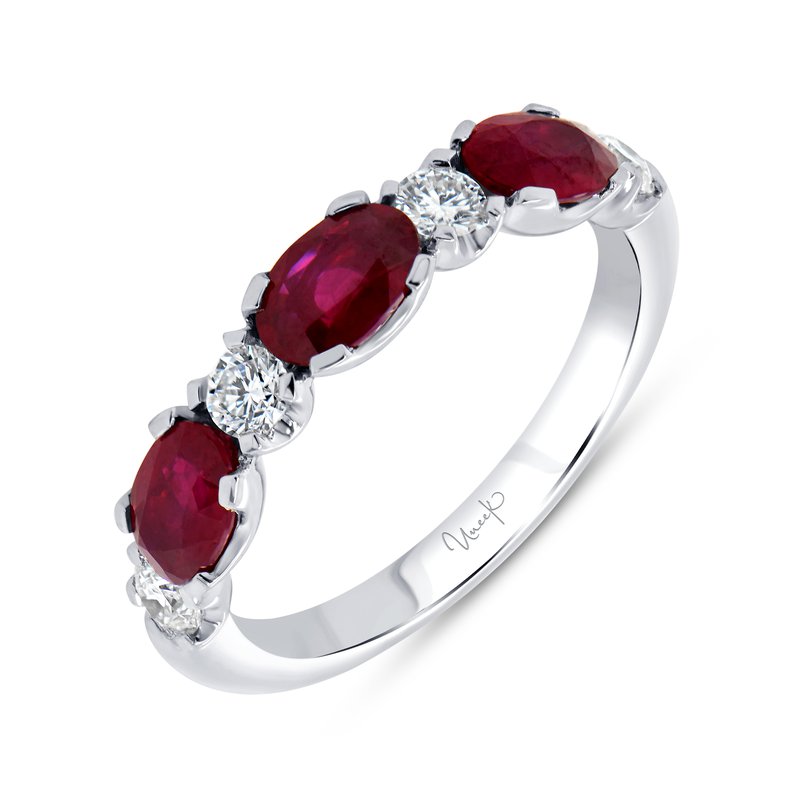 4 0.37ct Round Diamonds and 3 1.83ct Oval Rubies 1-1 Alternating Ring in 18K White Gold