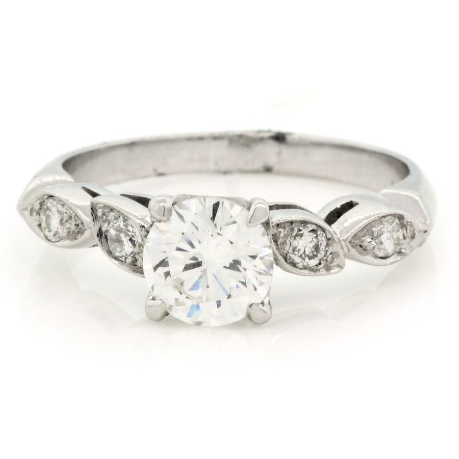 PLATINUM ROUND BRILLIANT DIAMOND=1.02CT AND 4 FULL CUT=0.18CT ART DECO RING