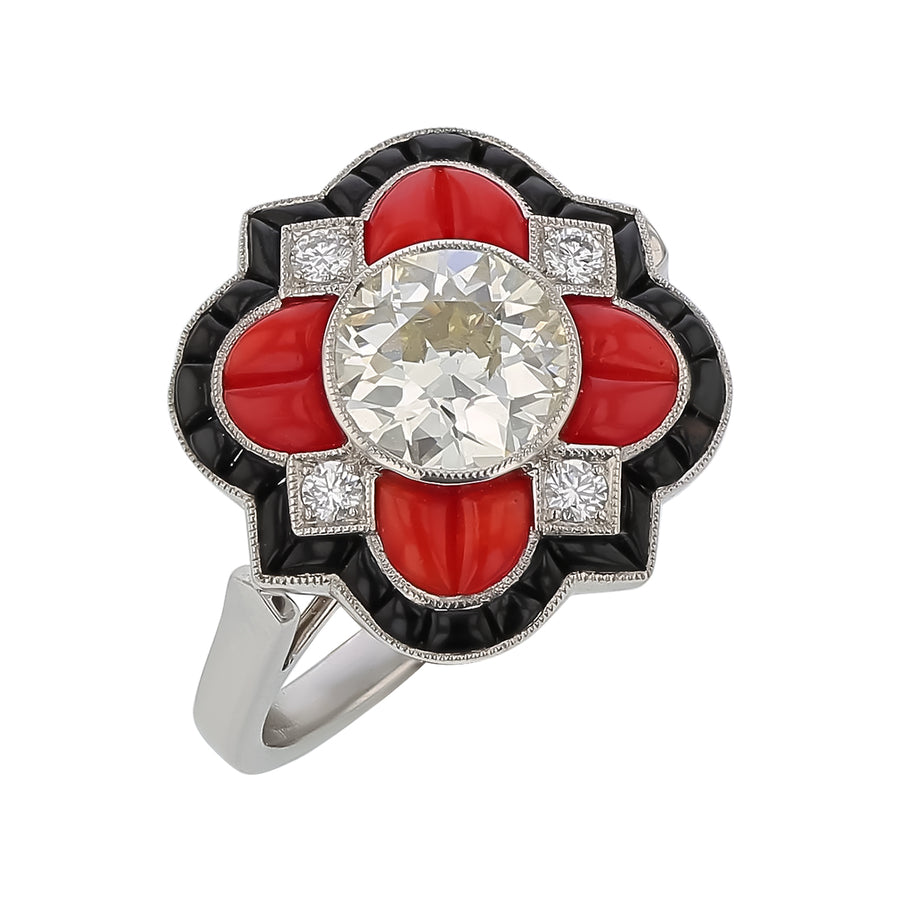 1.23ct OEC Diamond, 0.75ct Coral, 0.75ct Black Onyx, 0.10ct Diamond Ring in Platinum, Size 6.5