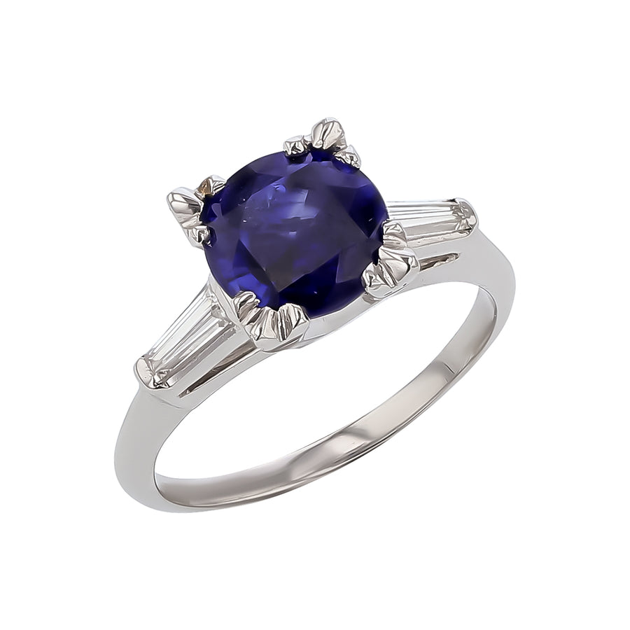 2.14ct Round Sapphire and 2 Tapered Baguette 0.40ct Diamond 3 Stone Ring in Platinum Circa 1960s, size 6