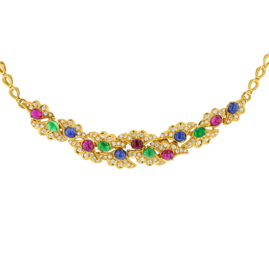 2.20ct Round Diamond and 5.75ct Cabochon Emerald, Ruby, Sapphire Necklace in 18K Yellow Gold