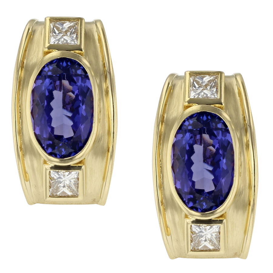 8.55ct Bezel Set Tanzanite and 1.32ct Princess Cut Diamond Earrings in 18K Yellow Gold