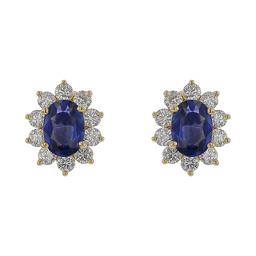1.51ct Sapphire and 0.78ct Diamond Halo Stud Earrings in 18K Yellow Gold