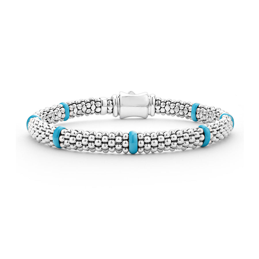 Light Blue Caviar 7 Station 6mm Beaded Rope Bracelet in Sterling Silver and Ceramic Size 7