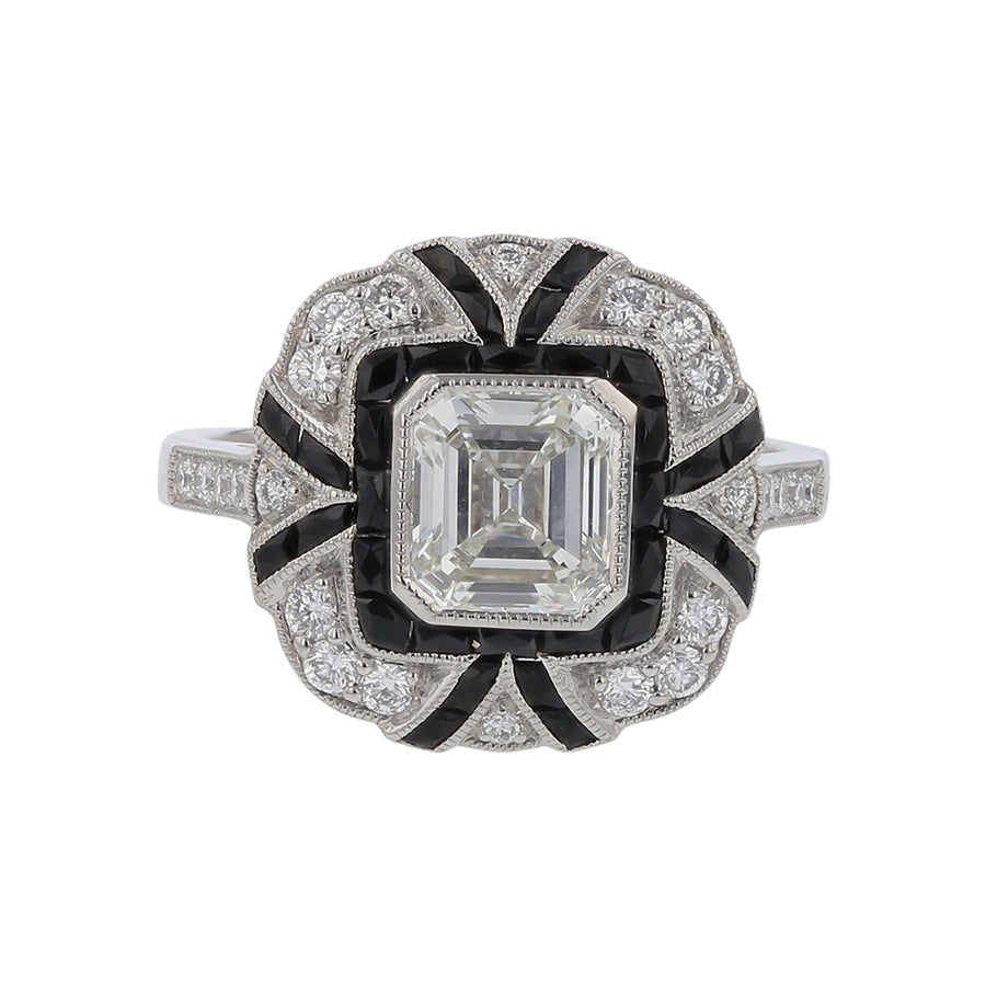 1.19ct Emerald Cut Diamond 0.32ct Full Cut Diamonds and 0.55ct Swiss Cut Onyx Ring in Platinum
