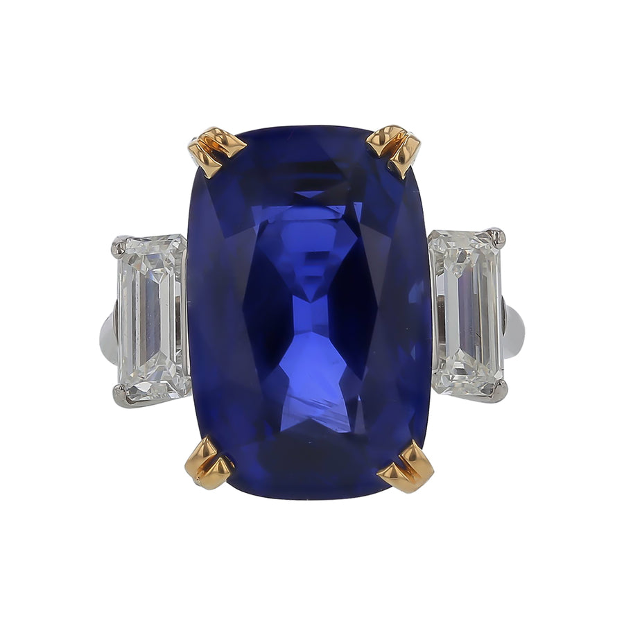 17.27ct Cushion Ceylon Sapphire and 1.88ct Emerald Cut Diamonds Three Stone Ring in Platinum and 18k Yellow Gold