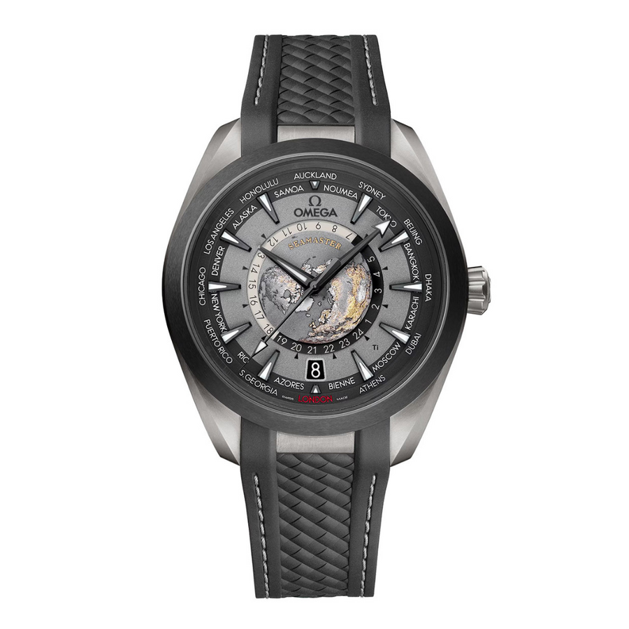 43mm Titanium Seamaster Worldtimer Aqua Terra with Grey Index Dial on a Rubber Strap