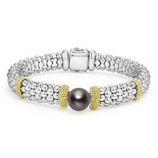 Luna 9mm Black Tahitian Pearl Bracelet in 18K Yellow Gold and Sterling Silver, size 7