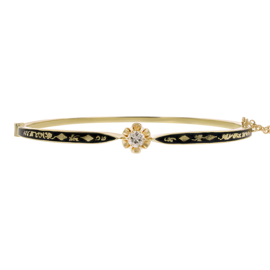 0.20ct Diamond and Black Enamel Bangle Bracelet in 14K Yellow Gold