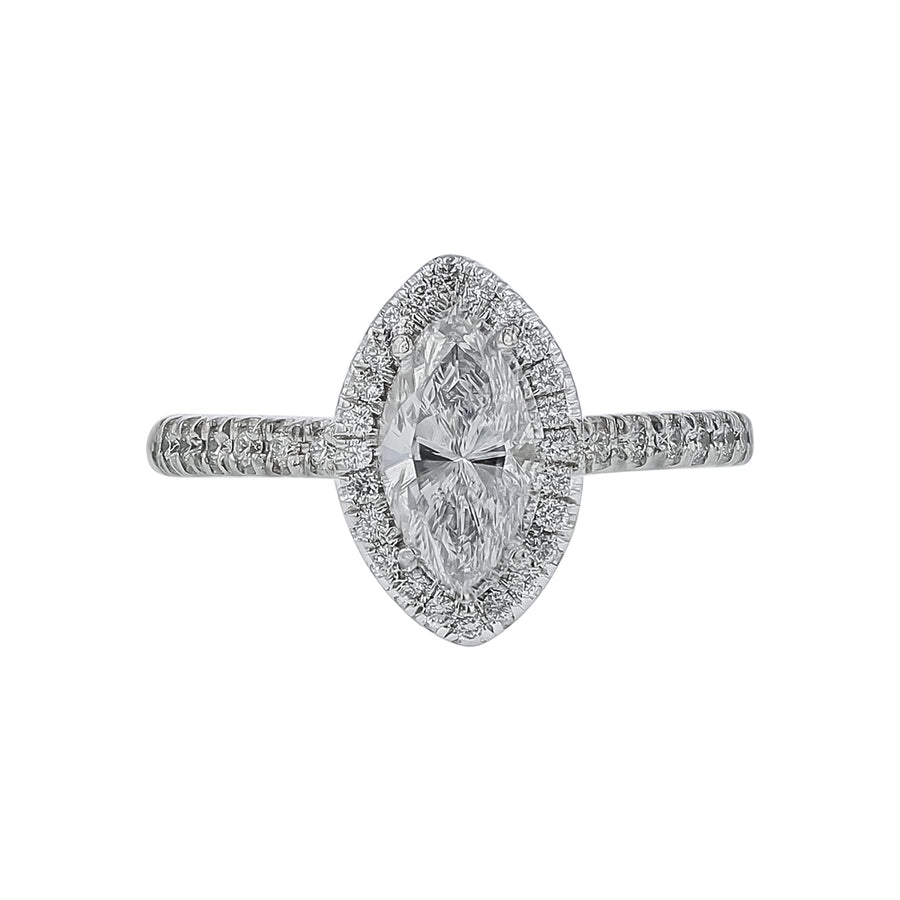 0.92ct Marquise Diamond and 0.27ct Dimond Halo Ring in Platinum, size 6