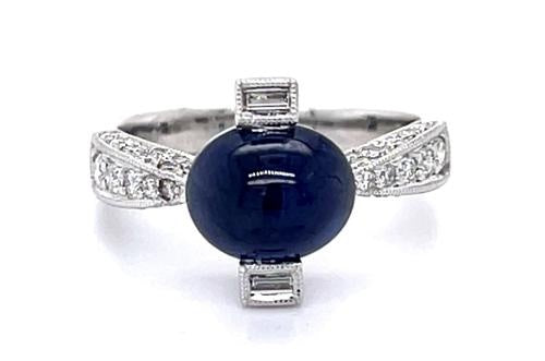 3.47ct Cabochon Sapphire and 0.50ct Diamond Ring in 18K White Gold, size 6.5