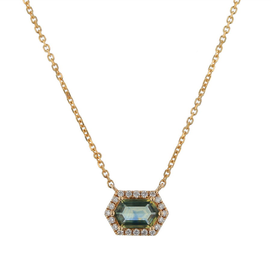 0.74Ct Montana Sapphire and 0.12Ct Diamond Hexagon Halo Necklace in 14k Yellow Gold, 18in