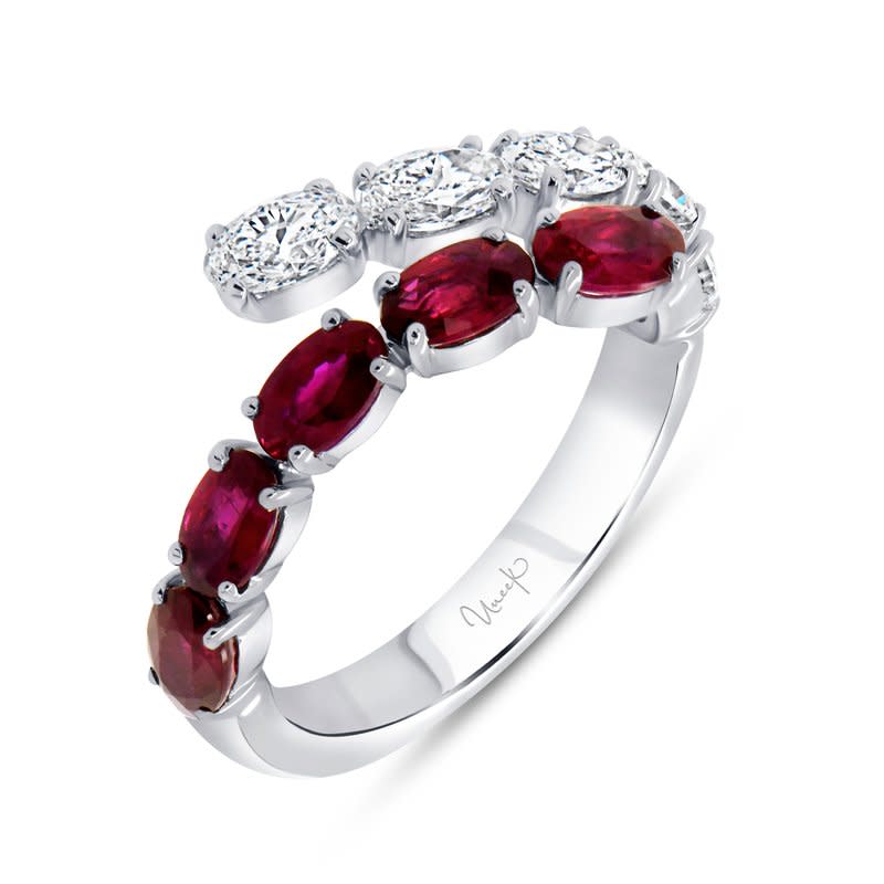 Precious 1.61ct Oval Ruby and  0.97ct Oval Diamond Bypass Ring in 18K White Gold, size 6.5