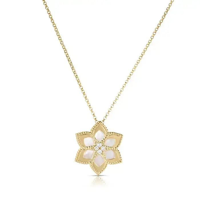 Vernazza 0.04ct Diamond and Mother of Pearl Daisy Pendant in 18K Yellow Gold, 18" chain