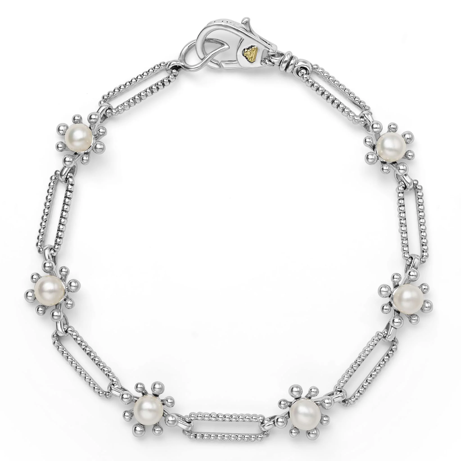 Luna Fleur Pearl 10mm Link Bracelet in Sterling Silver, size 8