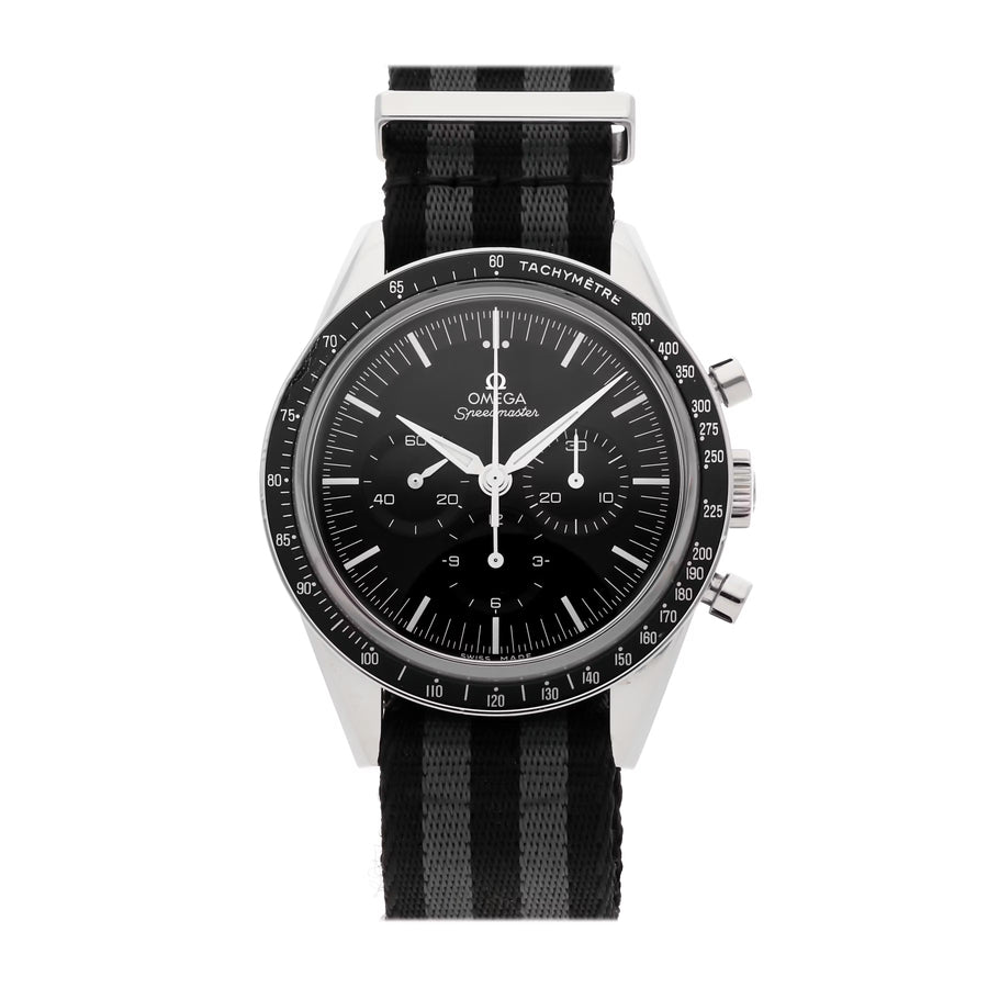 39.7mm Omega Speedmaster Watch with Black Dial in Stainless Steel, Nato Strap