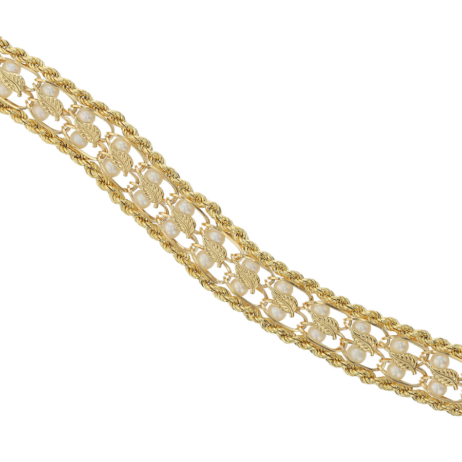 Pearl Woven Leaf Bracelet in 14K Yellow Gold, 7.5"