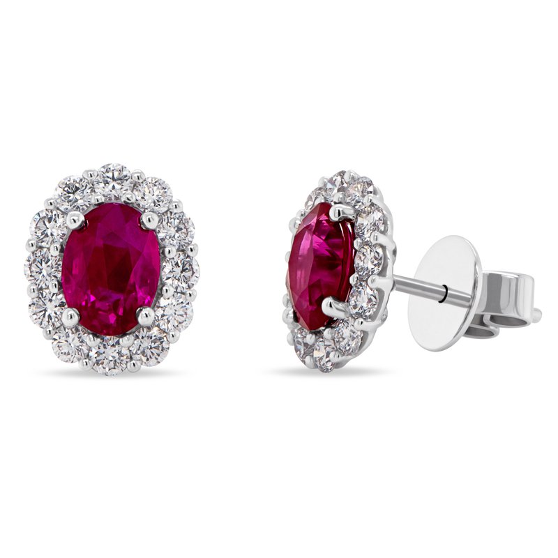24 0.80ct Round Diamonds and 2 1.53ct Oval Ruby earrings in 18K White Gold