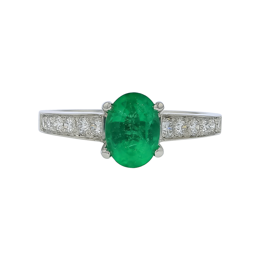 1.03ct Oval Zambian Emerald and 0.37ct Diamond Ring in Platinum, Size 6.5