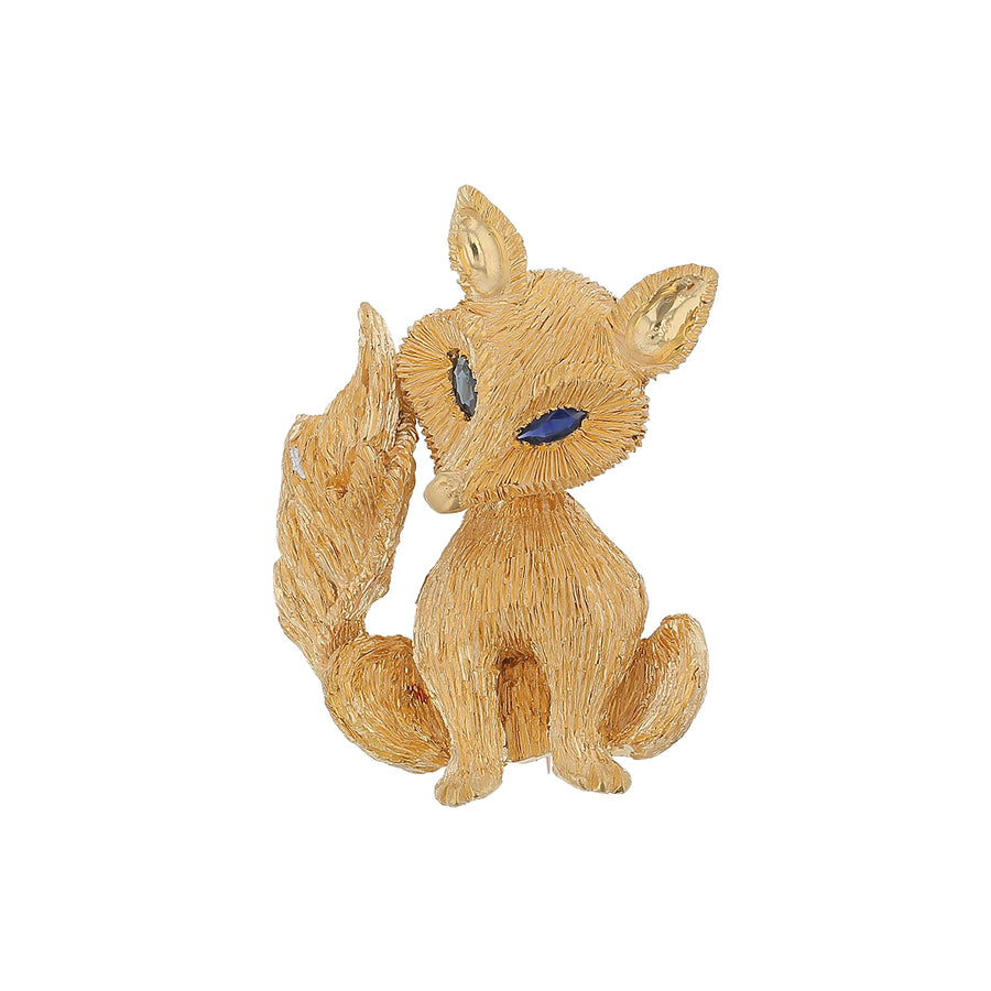 Marquise Sapphire Fox Brooch in 18K Yellow Gold