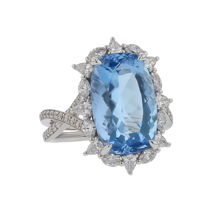 6.61ct Oval Aquamarine and 1.01ct Round, Pear and Marquise Diamond Halo Ring in 18K White Gold, Size 6.25