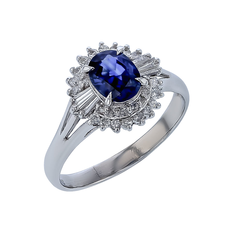 1.27ct Sapphire and 0.48ct Diamond Halo Ring in Platinum, Size 8