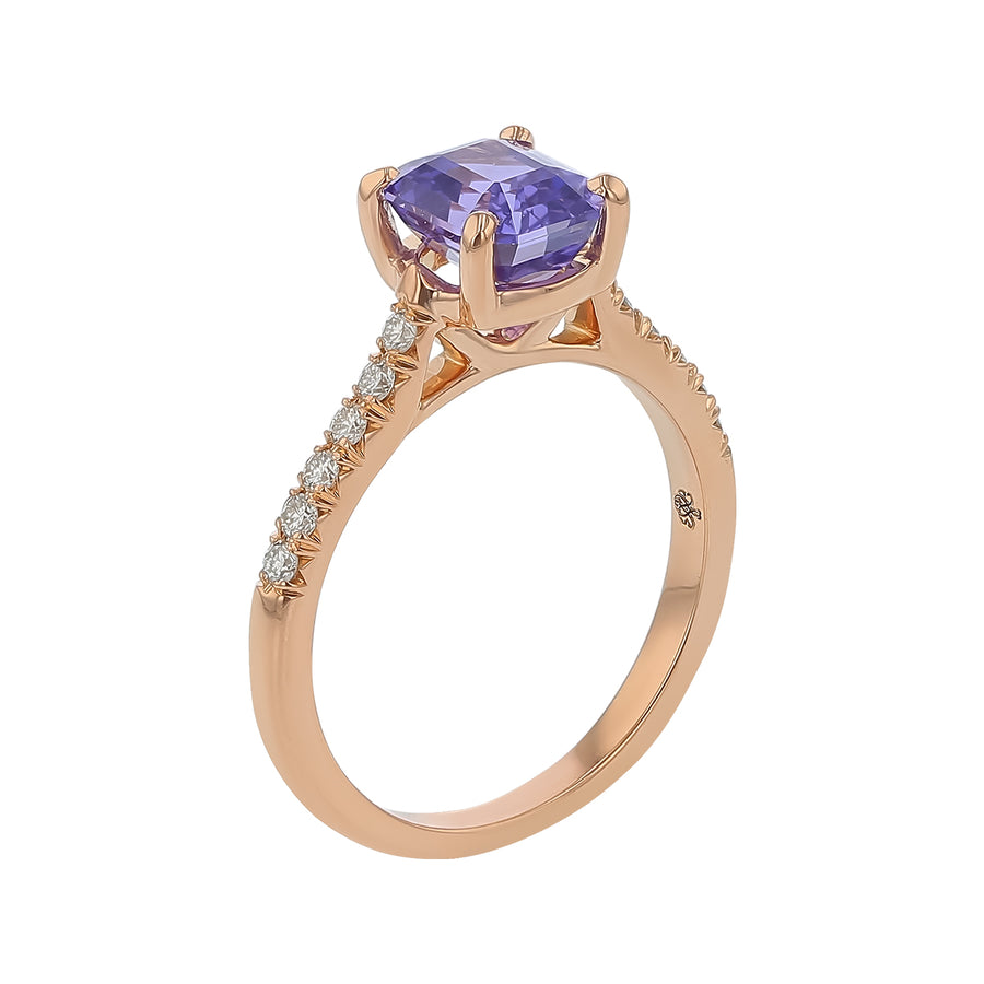 2.10ct Emerald Cut Sri Lankan Violet Sapphire and 0.19ct Diamond Ring in 20K Rose Gold, Size 6.5