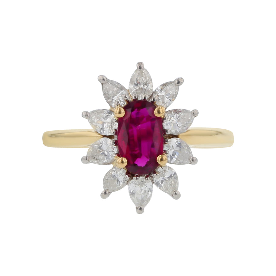 0.65ct Oval Ruby and 0.65ct Round Diamonds Halo Ring in 18k Yellow Gold and Platinum, Size 7.25