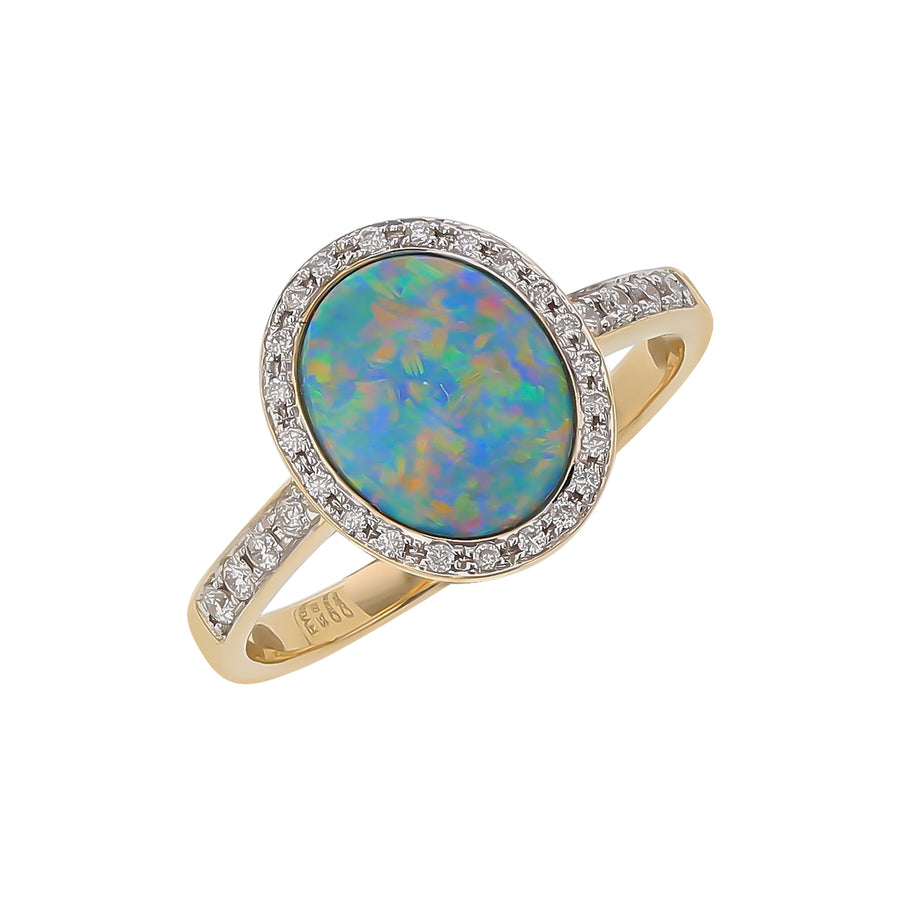 Opal Doublet and Diamond Halo Ring in 14K Yellow Gold, Size 7.5