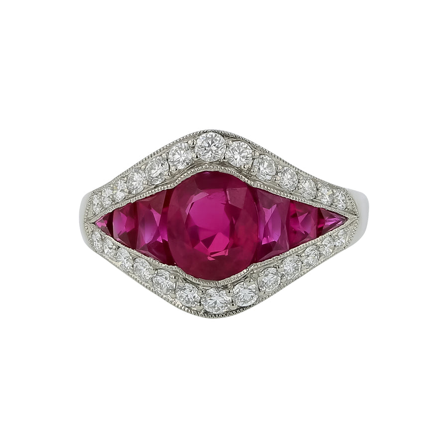 1.41ct Oval Ruby, 0.97ct Round Diamond and 0.50ct Ruby Ring in Platinum, size 6.5