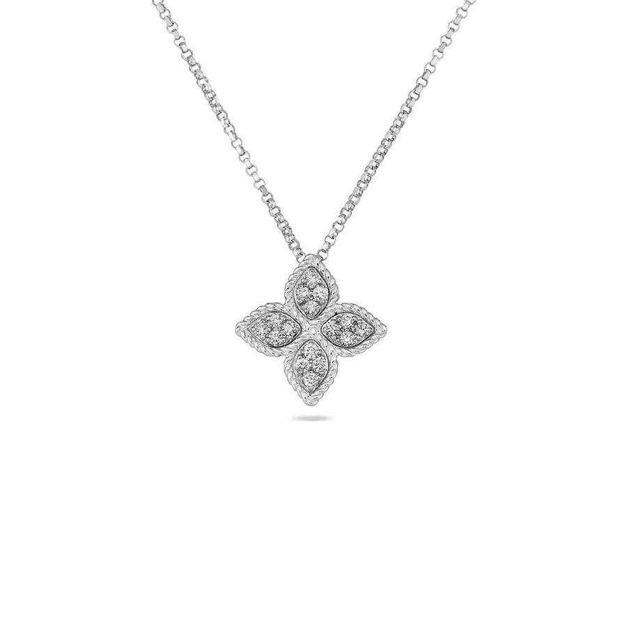 Princess Flower 0.17ct Round Diamond Medium Pendant in 18K White Gold, 16-18" chain