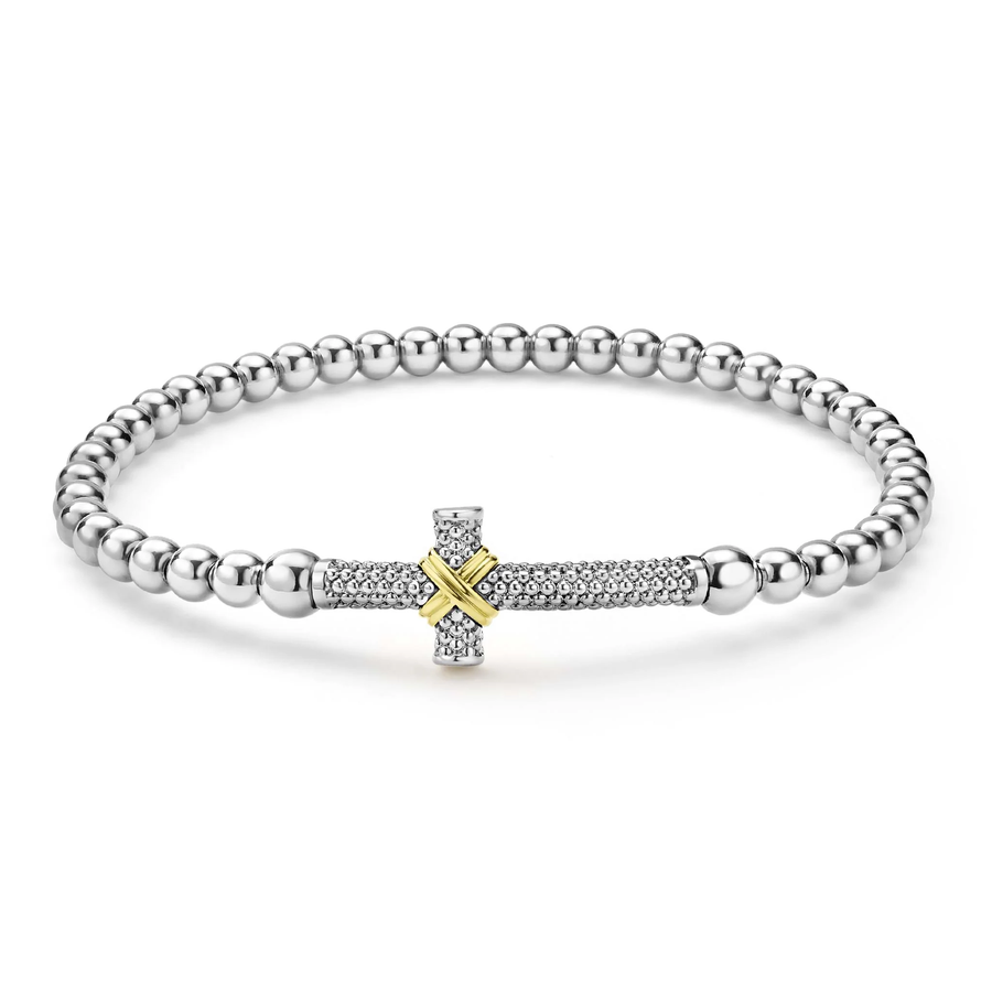 Signature Caviar 4mm Cross Stretch Bracelet in Sterling Silver and 18K Yellow Gold, size 7