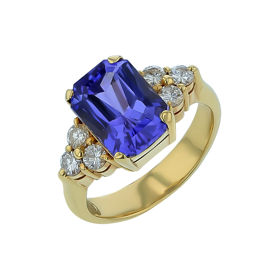 4.39ct Emerald Cut Tanzanite and 0.34ct Diamond Ring in 18K Yellow Gold