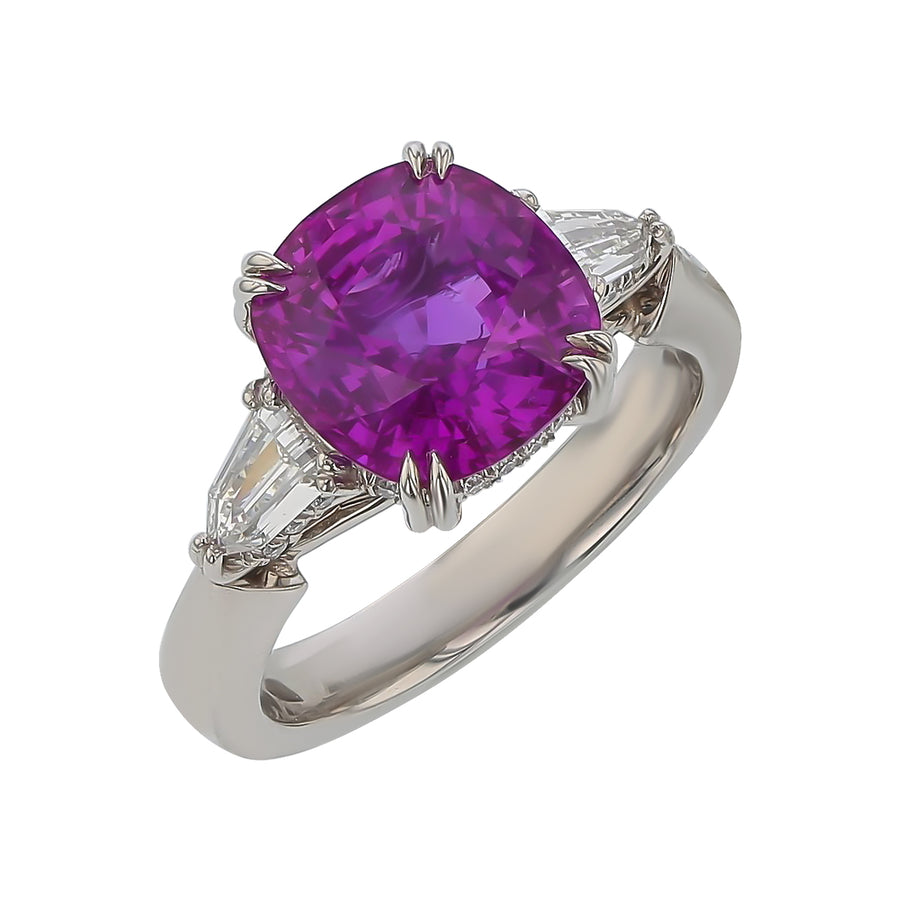 Hearts and Arrows Cushion Pink Sapphire and Bullet and Round Diamond Ring in Platinum