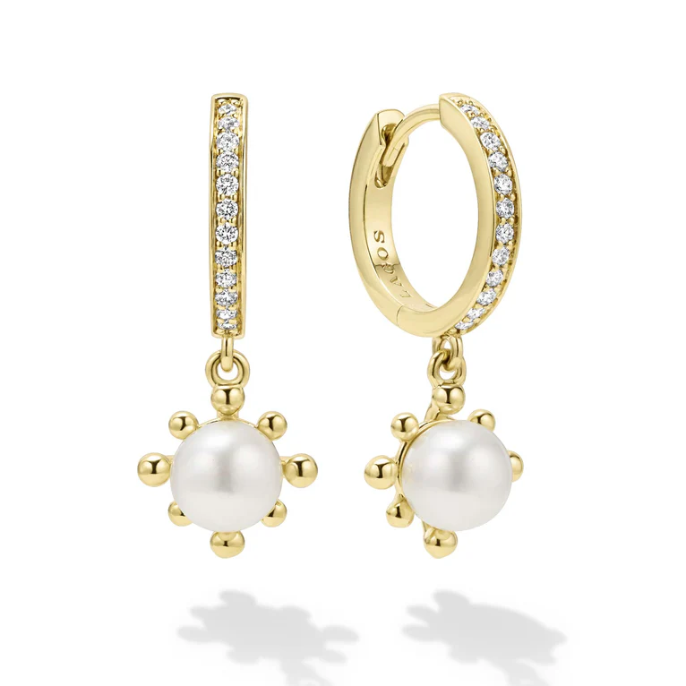 Luna 6mm Pearl and 0.168ct Diamond Drop Earrings in 18K Yellow Gold